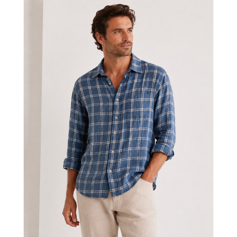 Faherty Brand Mens Blue White Plaid 100% Linen Long Sleeve Button Down Shirt L